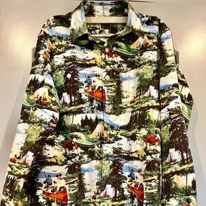 Daniel Cremieux All Over Print Fish Camping Western Button Front Flannel Sz L